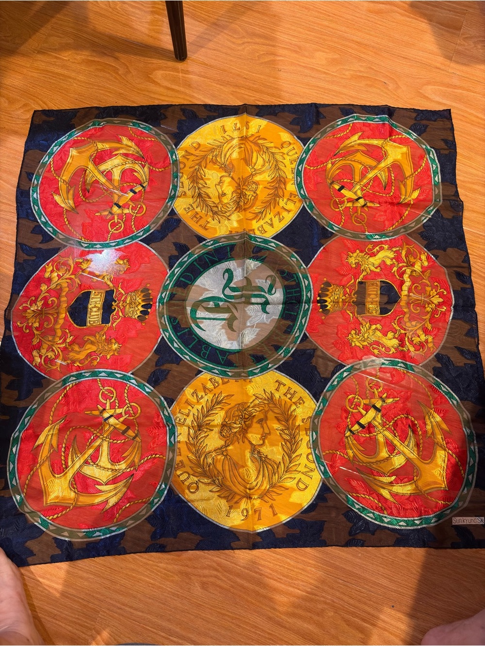 New Sunkyung SA Silk Scarf Queen Elizabeth 1971 Coin Anchor Nautical Red/Navy-34